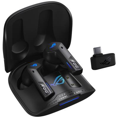 Bezprzewodowe czarne słuchawki dokanałowe w etui ładującym z adapterem USB-C, widocznym logo ROG.
