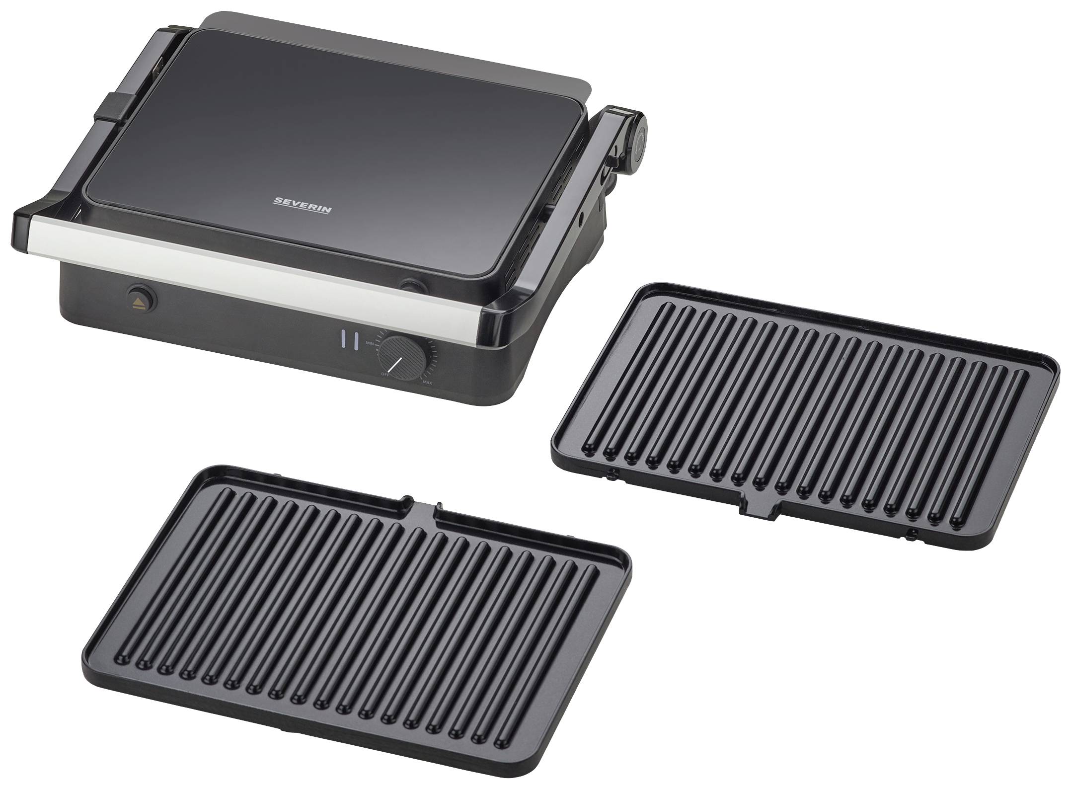 Grill kontaktowy z dwoma wymiennymi płytkami grillującymi. Grill jest włączony i wyposażony w pokrętło regulacyjne.