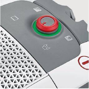 Zbliżenie odkurzacza z fokusem na przycisku włączania/wyłączania oraz symbolach różnych funkcji.