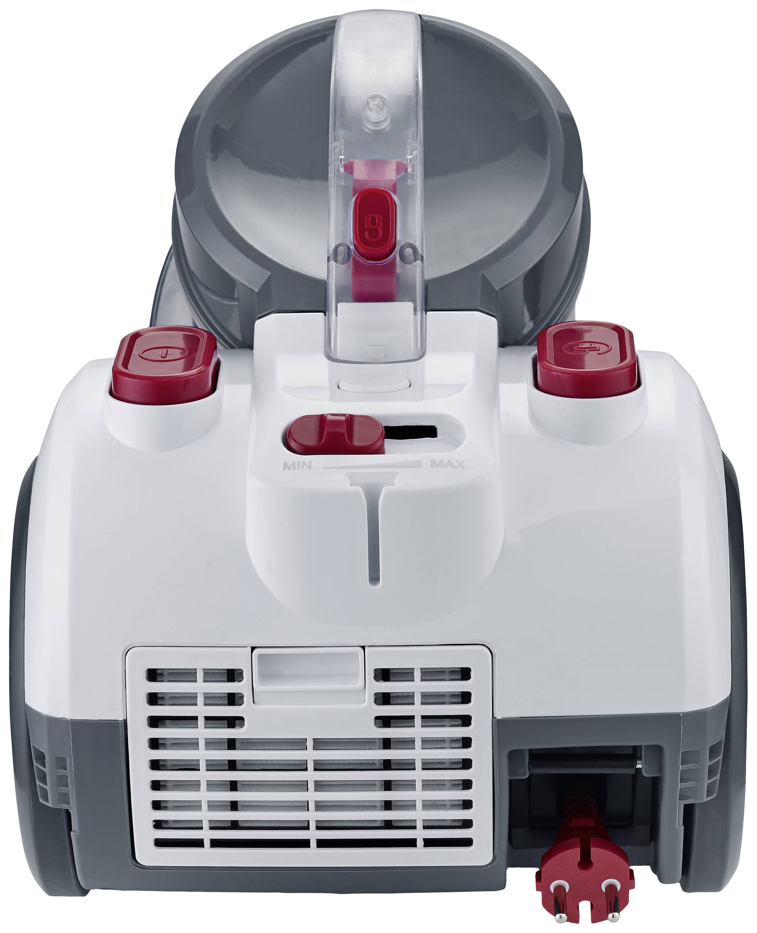 'Odkurzacz z przodu, z czerwonymi elementami sterującymi i okienkiem wglądu do pojemnika na kurz. Przewód zasilający widoczny od dołu.'