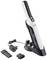 Przenośny ręczny odkurzacz w kolorach czarnym i białym, stojący na stacji ładującej. Obok znajdują się akcesoria takie jak szczotka i końcówki do różnych zastosowań.