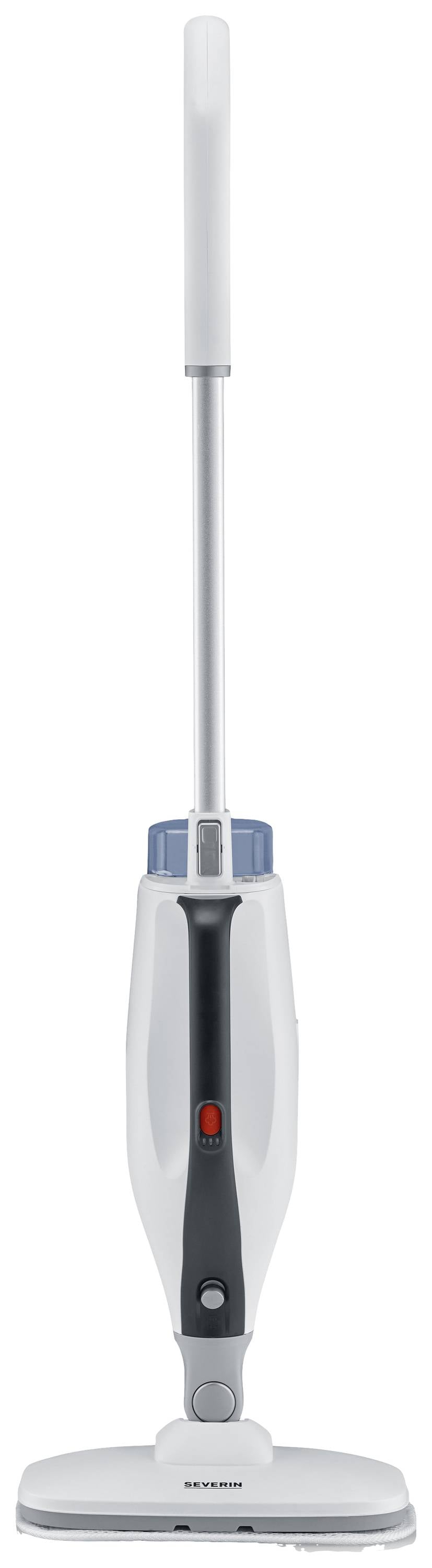 Biały elektryczny mop parowy z długą rączką i prostokątną główką stoi pionowo.