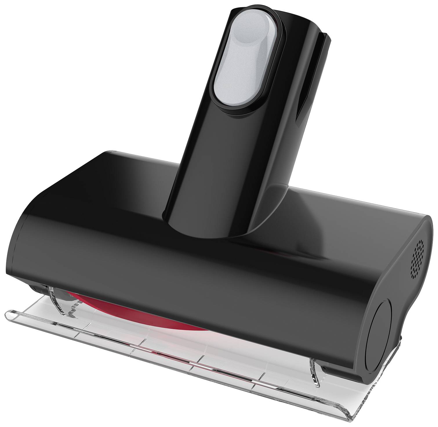 Czarna nakładka do odkurzacza z przezroczystą obudową. Odpowiednia do czyszczenia dywanów lub mebli tapicerowanych.