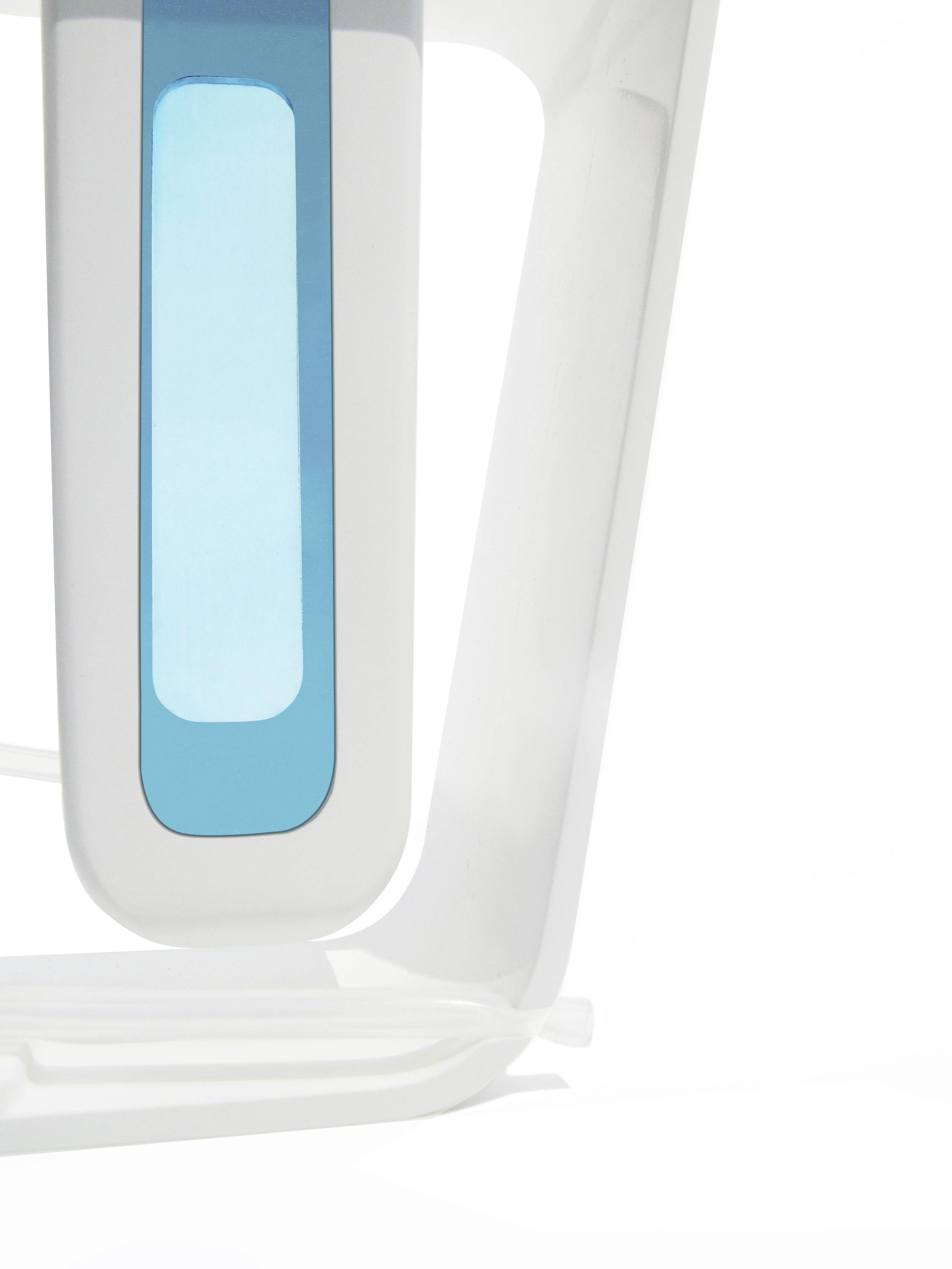 Szczegółowe ujęcie nowoczesnego, biało-niebieskiego urządzenia z tworzywa sztucznego o czystych liniach i minimalistycznym designie. Jego przeznaczenie pozostaje niejasne.