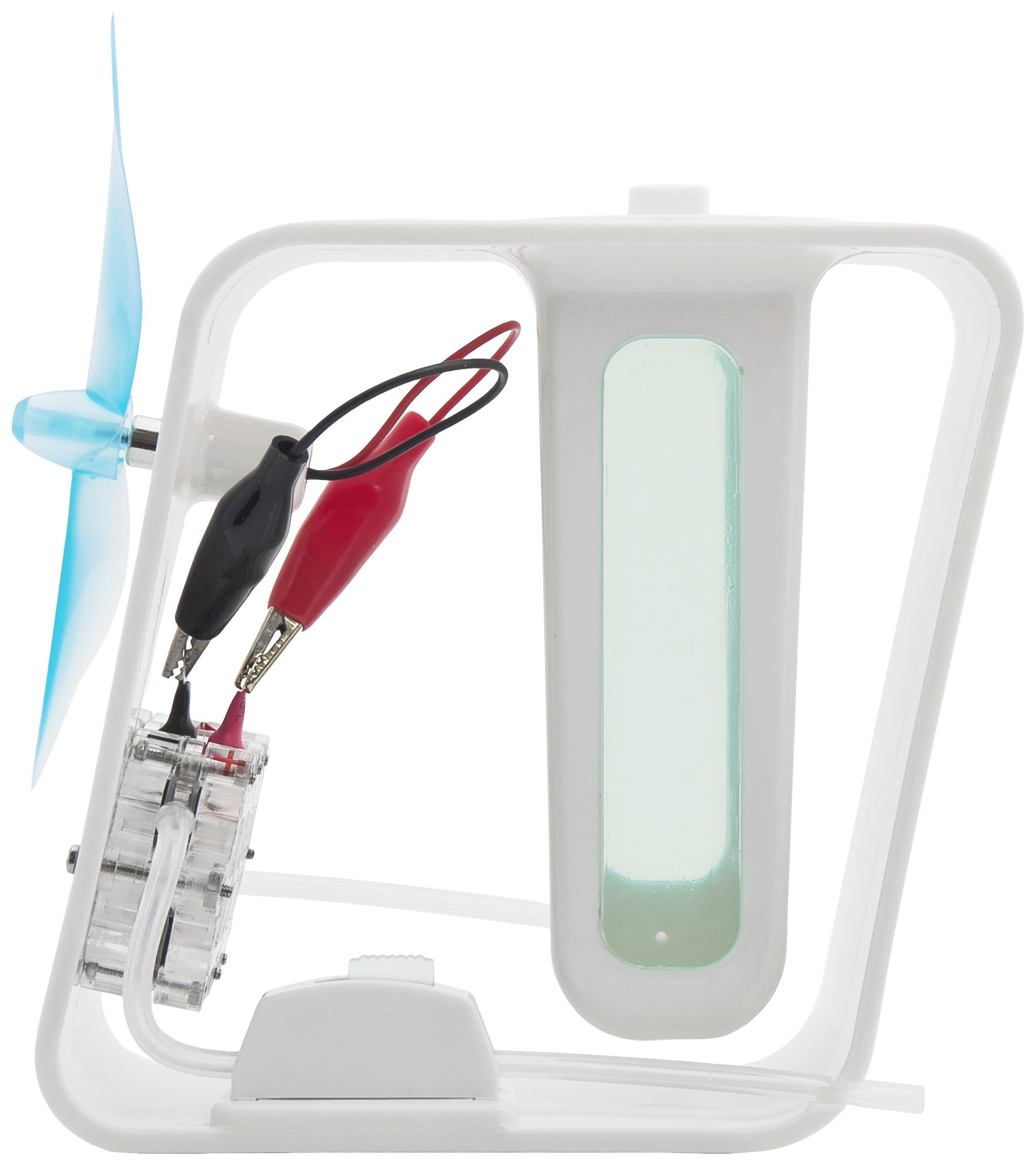 Biała ramka z niebieskim śmigłem napędzanym przez dwie zaciski krokodylkowe podłączone do boku ramy.