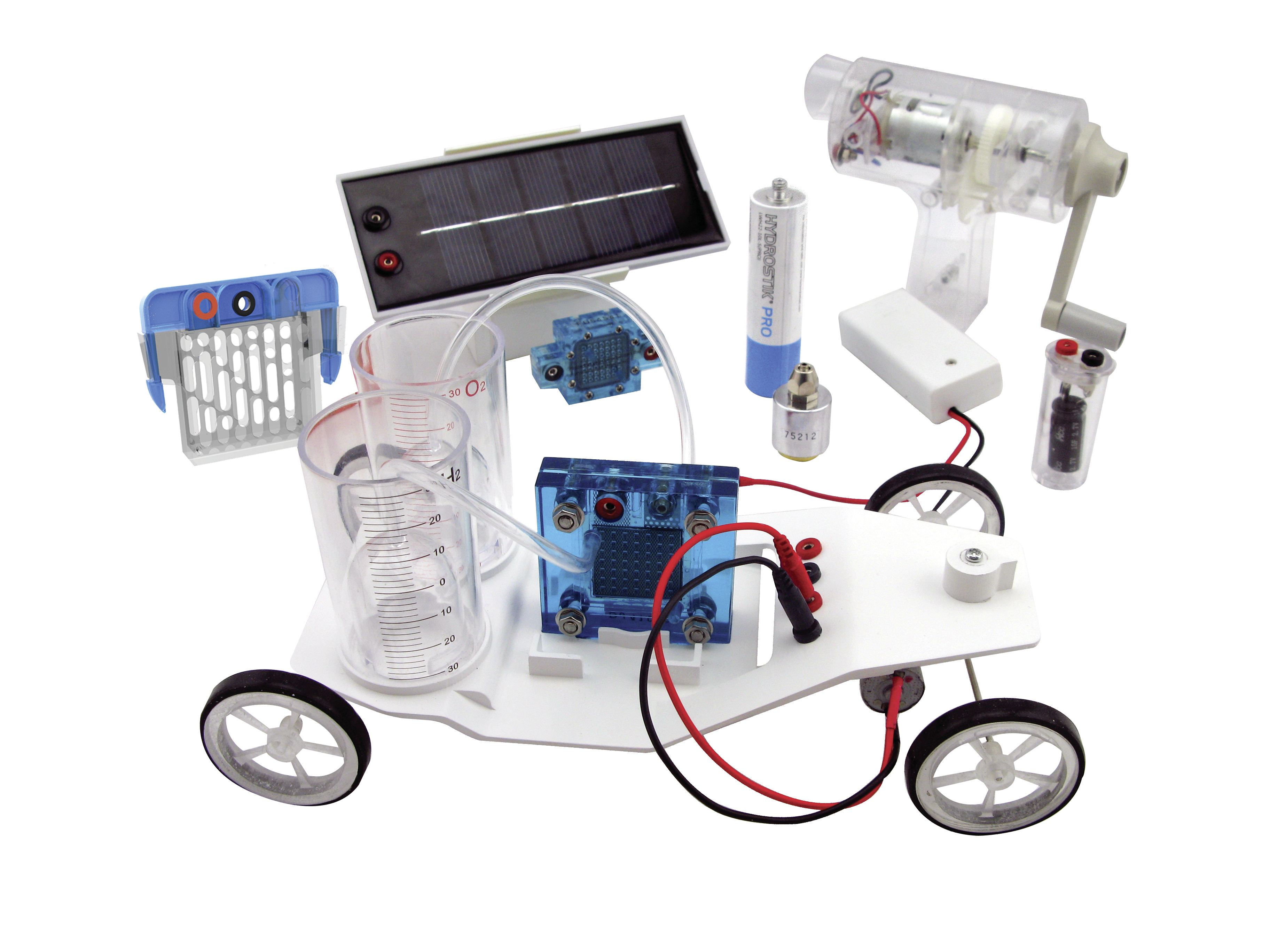 Model samochodu z panelem słonecznym, elektrolizerem i zbiornikiem wodoru, prezentujący odnawialne źródła energii i zaawansowane techniki napędowe.