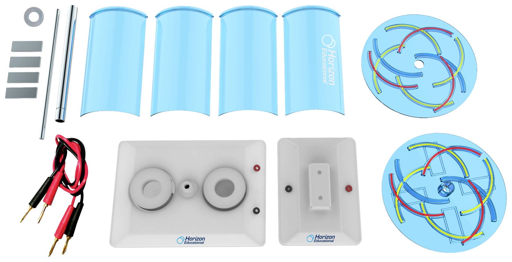 Zestaw do budowy małego generatora wiatrowego z niebieskimi łopatami wirnika, przewodami łączącymi, płytkami montażowymi i instrukcjami.