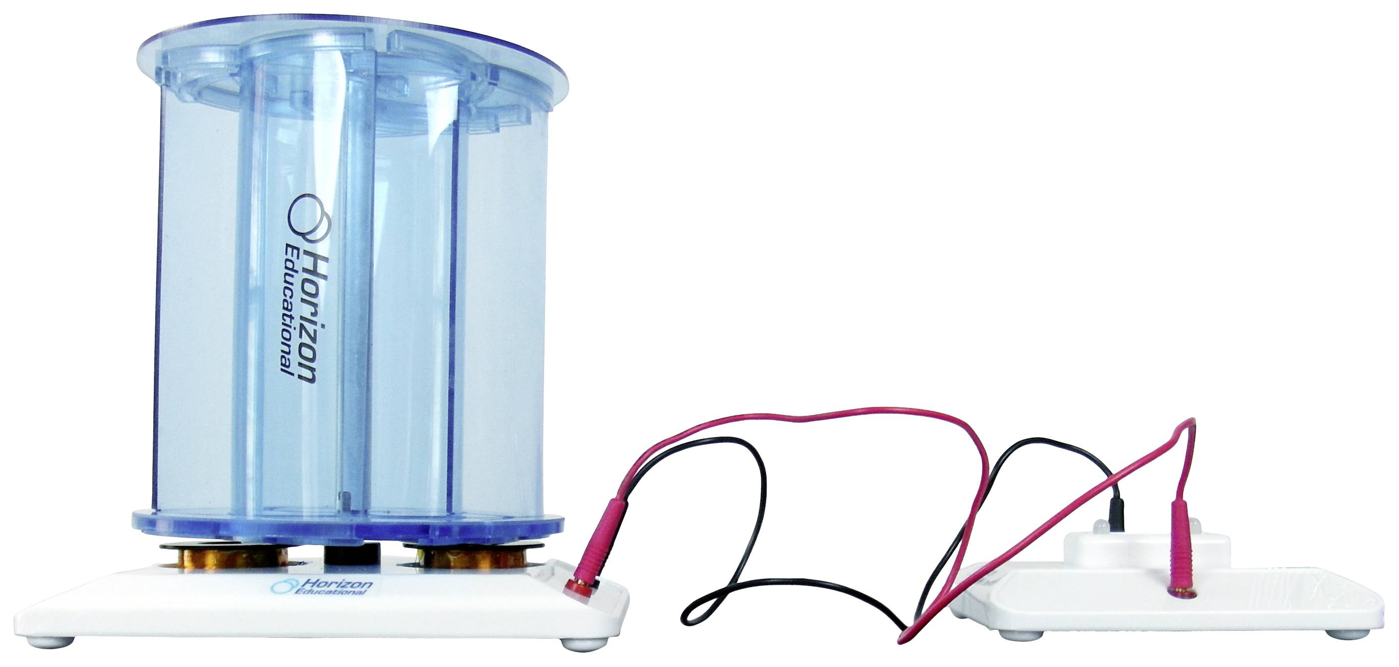 Niebieski generator wodorowy z ogniwem paliwowym z podłączonymi czerwonymi i czarnymi kablami, na białym tle.