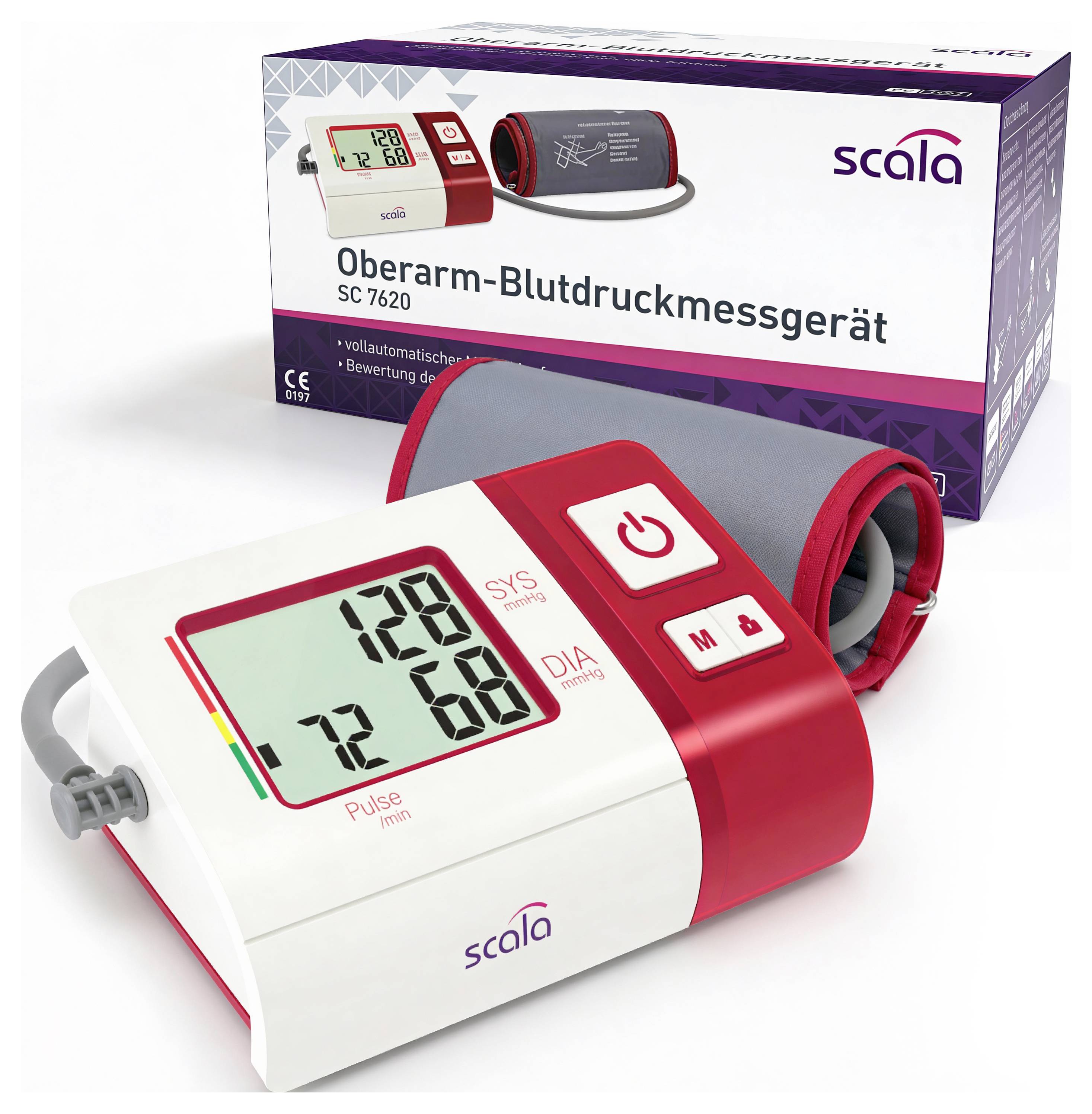 Obraz cyfrowego automatycznego urządzenia do pomiaru ciśnienia krwi na ramieniu marki Scala, model SC 7620, wyświetlającego odczyt 128 SYS, 72 DIA i 65 Pulse.
