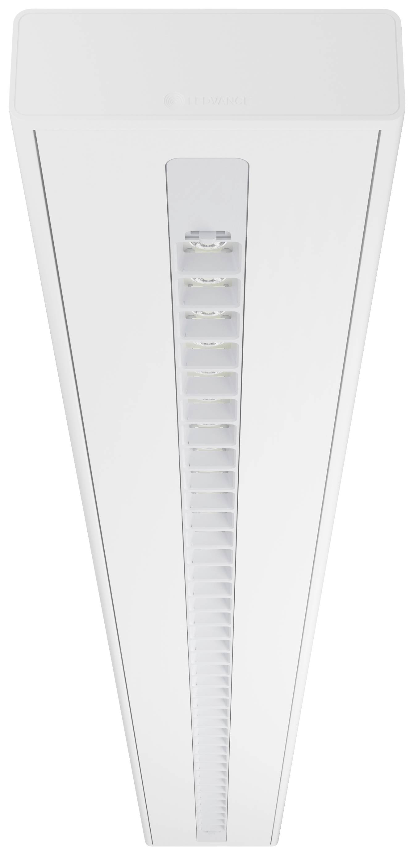 Biała lampa sufitowa LED o prostokątnym kształcie z nowoczesnymi, wąskimi lamelkami, odpowiednia do pomieszczeń biurowych lub korytarzy.