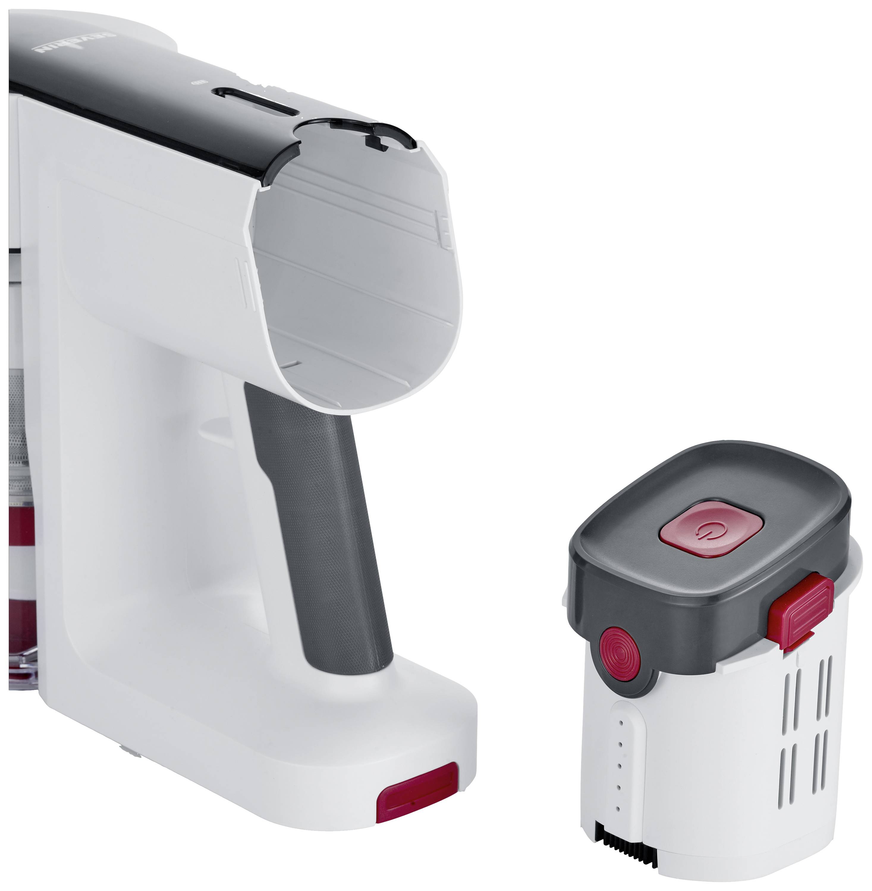 Odkurzacz bez akumulatora przedstawia wyjmowany moduł akumulatora obok siebie. Akumulator jest szary z czerwonym przyciskiem.