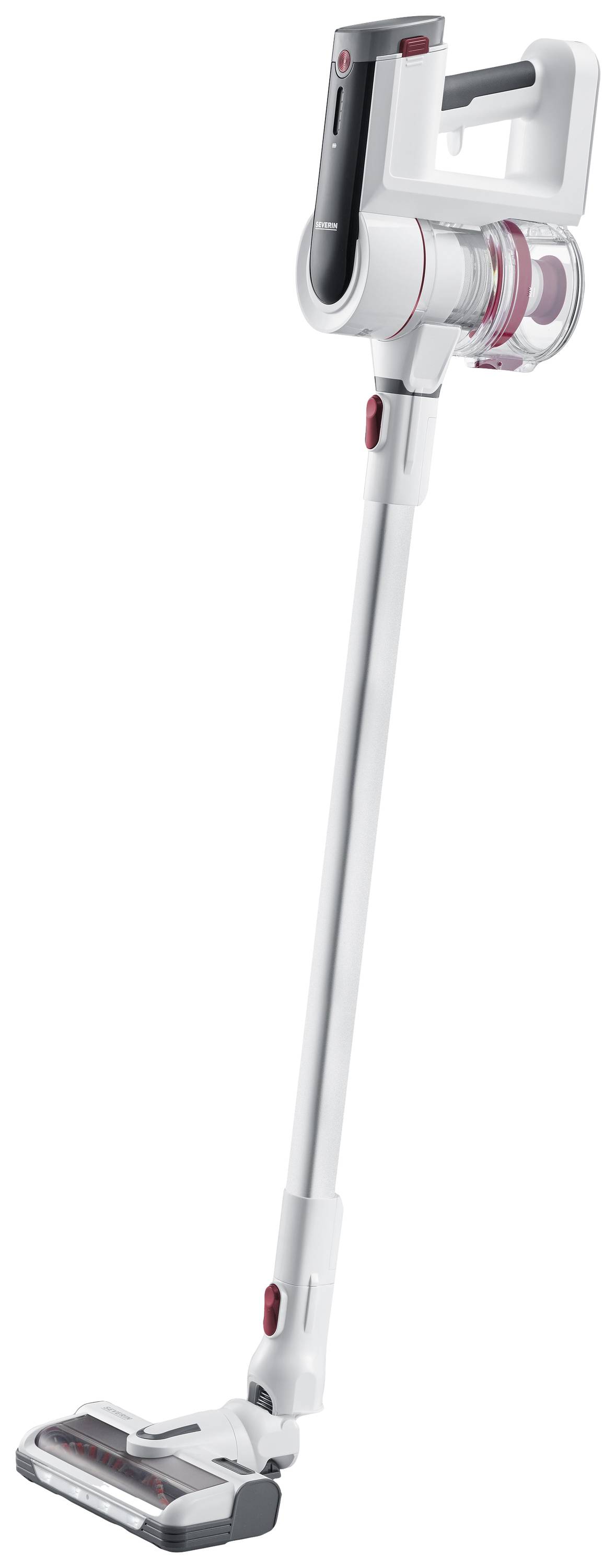 Bezprzewodowy, biały odkurzacz o smukłej sylwetce z czerwono-szarymi akcentami. Idealny do prostego sprzątania w domu.