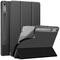 Etui ochronne do tabletu z funkcją podstawki, w kolorze czarnym, przedstawiające dwa widoki: całkowicie rozłożone oraz częściowo złożone.