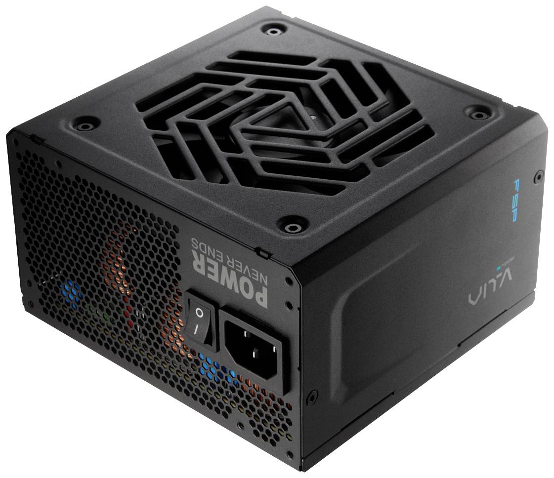 Czarny zasilacz komputerowy z kratką wentylacyjną, wyłącznikiem, złączem zasilania oraz napisem 'POWER NEVER ENDS' na boku.