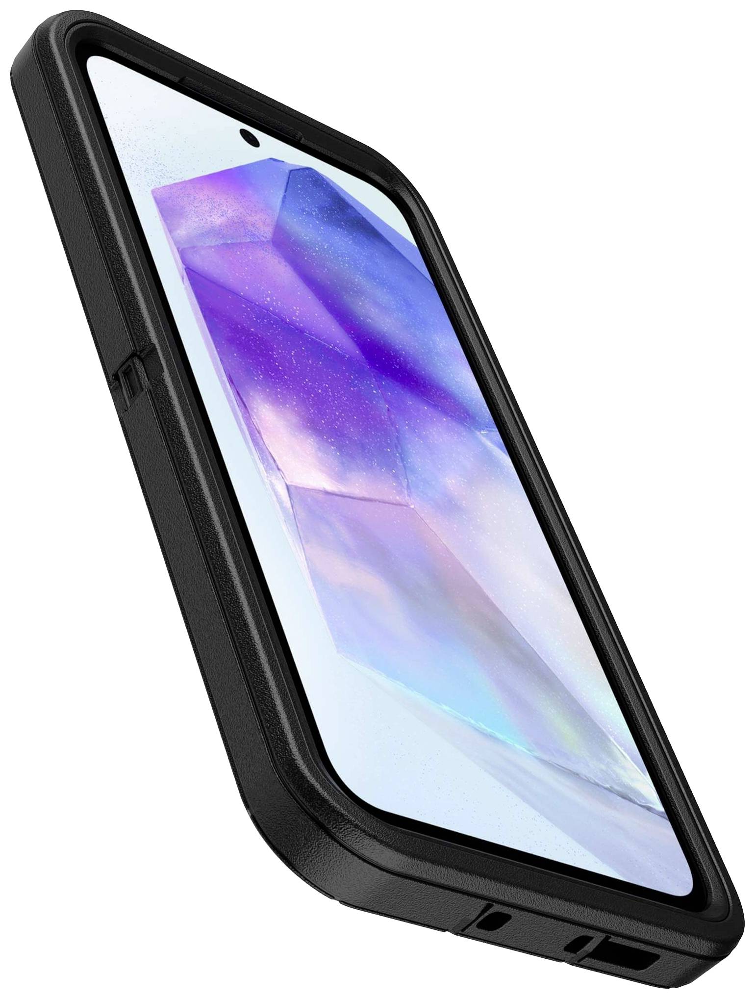 Smartfon w solidnym czarnym etui ochronnym, ustawiony pod lekkim kątem, ekran wyświetla abstrakcyjny, kolorowy wzór.