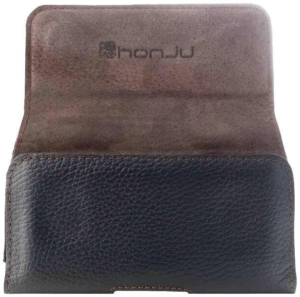 Brązowa i czarna torba skórzana z wytłoczonym logo na klapie, otwarta.