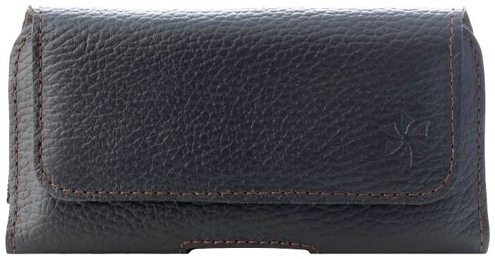 Czarna skórzana torba z małym tłoczonym kwiatem po prawej stronie, pomarańczowe nici, prostokątny kształt.