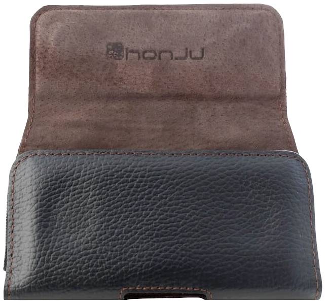 Czarne i brązowe etui skórzane, otwarte, z widocznym logo Honju wewnątrz. Idealne do przechowywania telefonu.