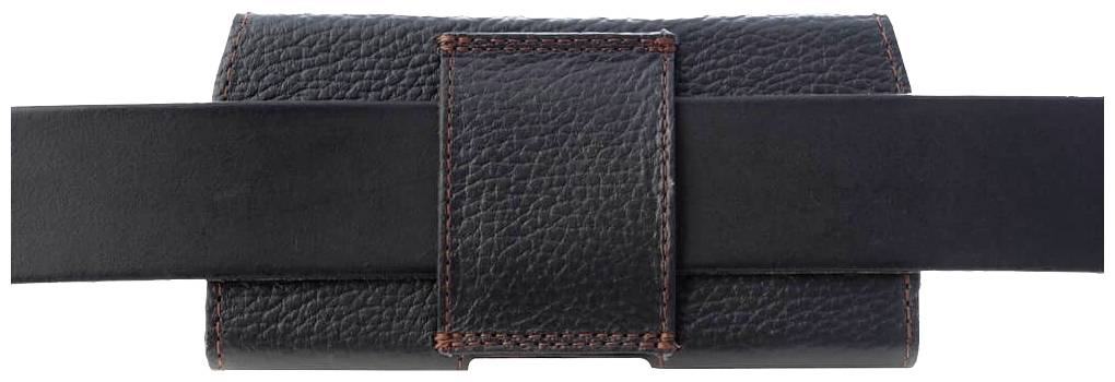 Czarna skórzana torba z pętlą na pasek i czerwonymi швами, odpowiednia do przechowywania akcesoriów lub małych przedmiotów osobistych.