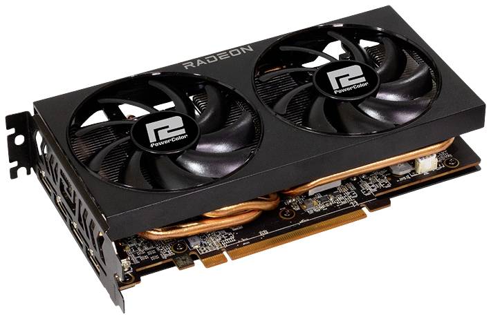 Czarna karta graficzna z dwoma wentylatorami. Napis 'Radeon' u góry. Widoczne miedziane przewody cieplne. Zamontowana na płycie głównej komputera.