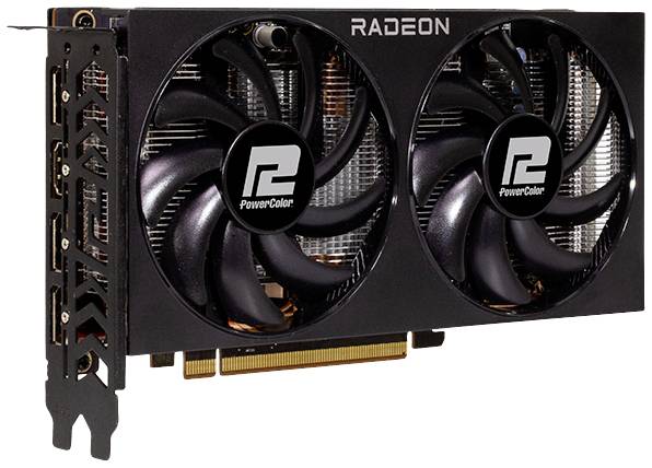 Czarna karta graficzna z dwoma dużymi wentylatorami, na której widnieje napis 'PowerColor'. Na górze białą czcionką napisano 'Radeon'.