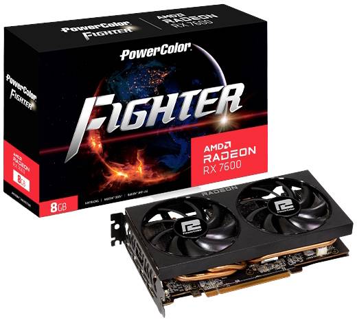 Opakowanie i karta graficzna 'PowerColor Radeon RX 7600', prezentuje projekt produktu z dwoma wentylatorami. Wyposażona w 8 GB pamięci.