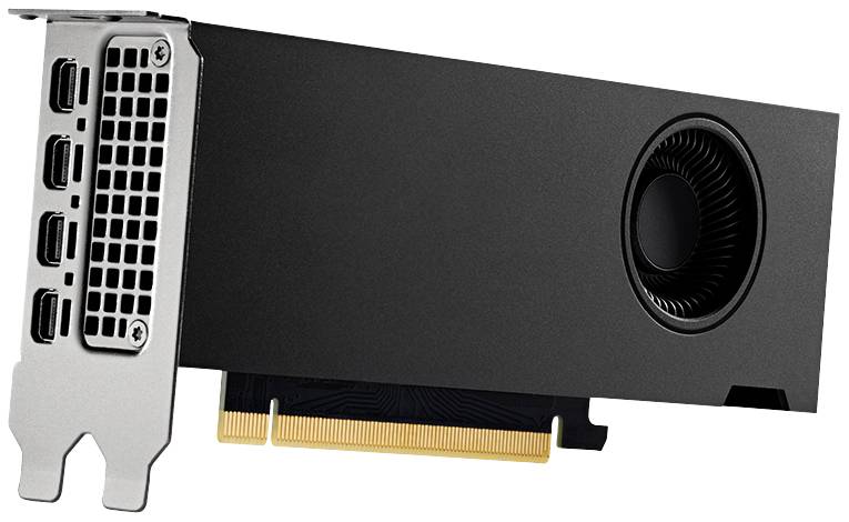 Czarna karta graficzna z wieloma złączami wyświetlacza i wentylatorem.