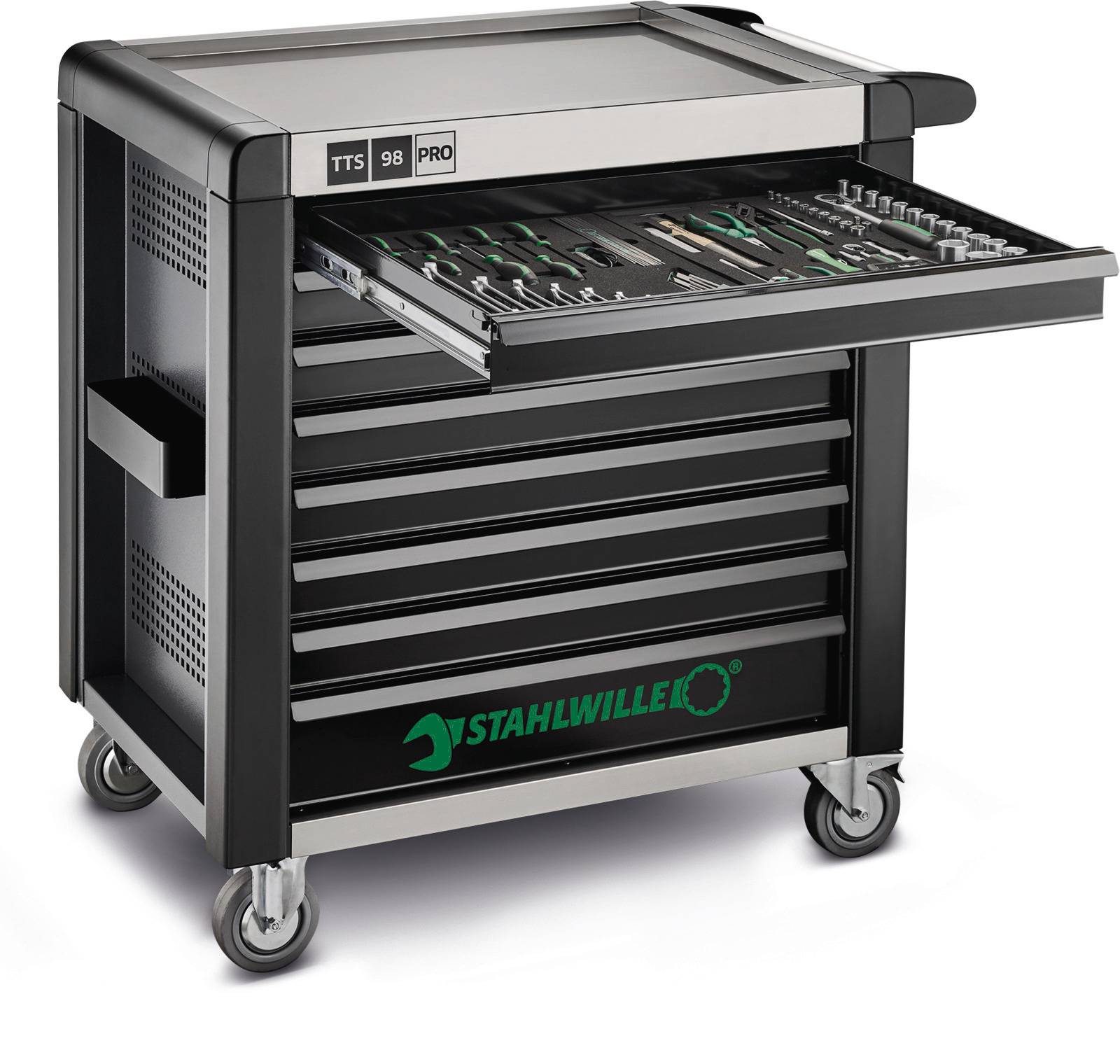 Wózek narzędziowy z wieloma szufladami, częściowo otwartymi i wyposażonymi w różne narzędzia. Widoczne logo marki 'Stahlwille'.