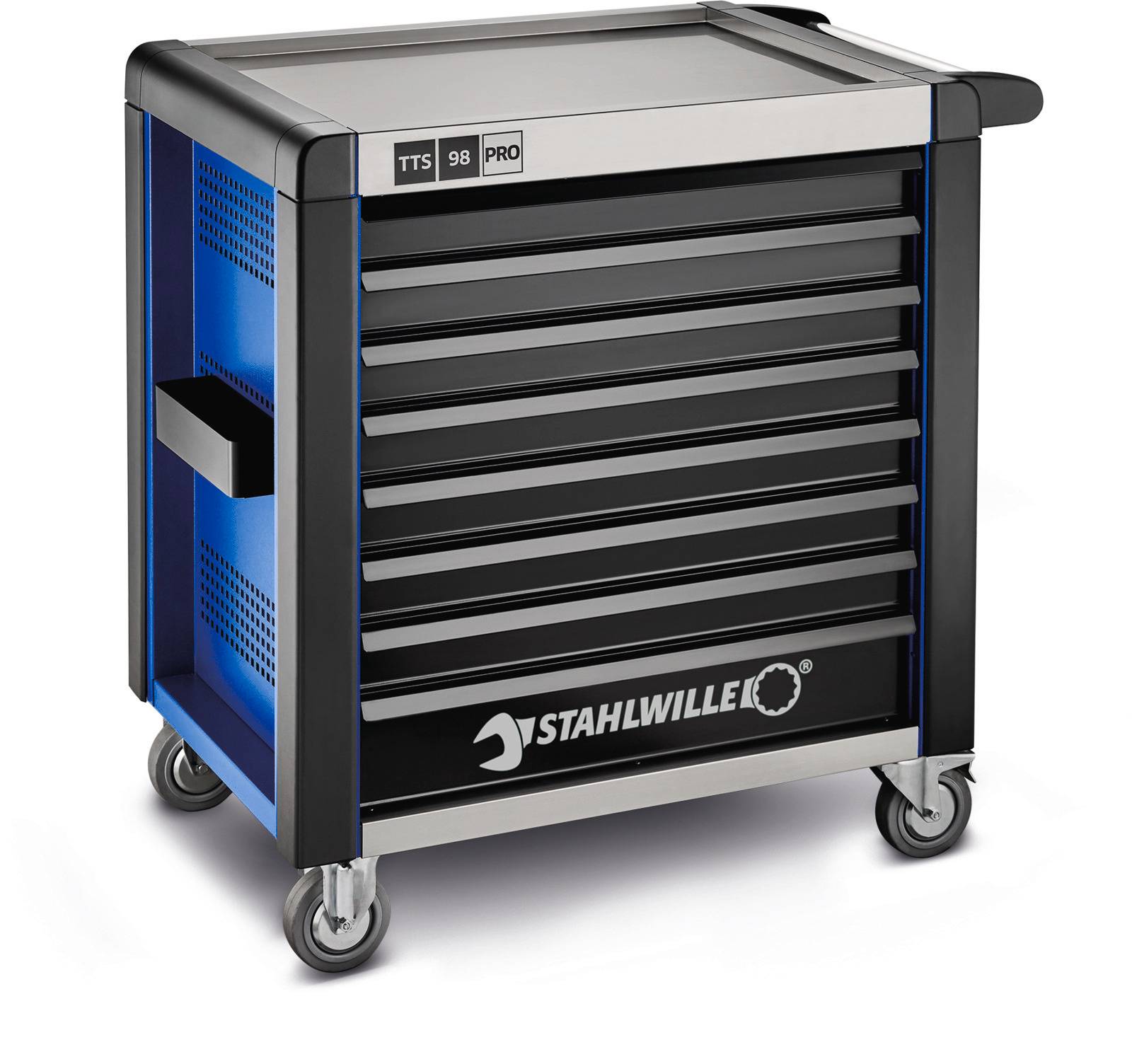 Wózek narzędziowy z siedmioma szufladami, logo 'STAHLWILLE', w kolorach czarnym i niebieskim, zamontowany na czterech kółkach.