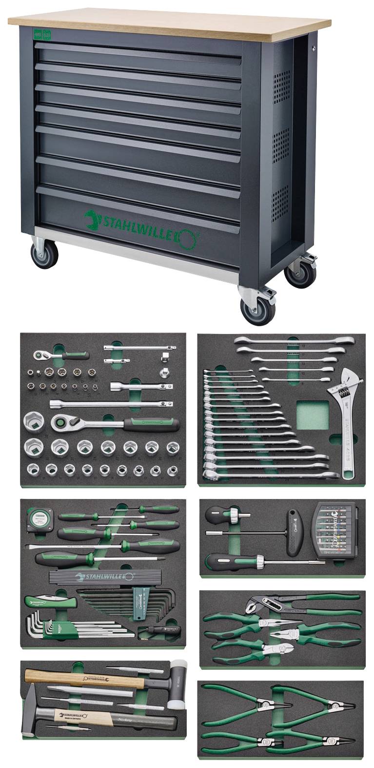 Набір інструментів преміум-класу 161 предмет з мобільним верстаком WB625 / 7 шухляд Stahlwille 98830179, (Ш x В x Г) 1150 x 1045 x