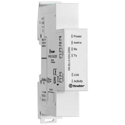 Urządzenie Modbus z diodami LED sygnalizującymi zasilanie, błędy, odbiór (Rx), transmisję (Tx), połączenie i aktywność, zamontowane na szynie DIN.