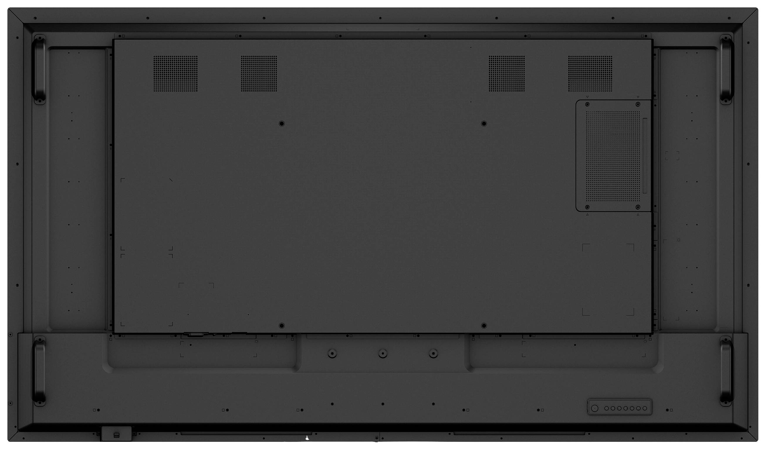 Widok z tyłu dużego, czarnego monitora z otworami wentylacyjnymi i obszarem złączy.
