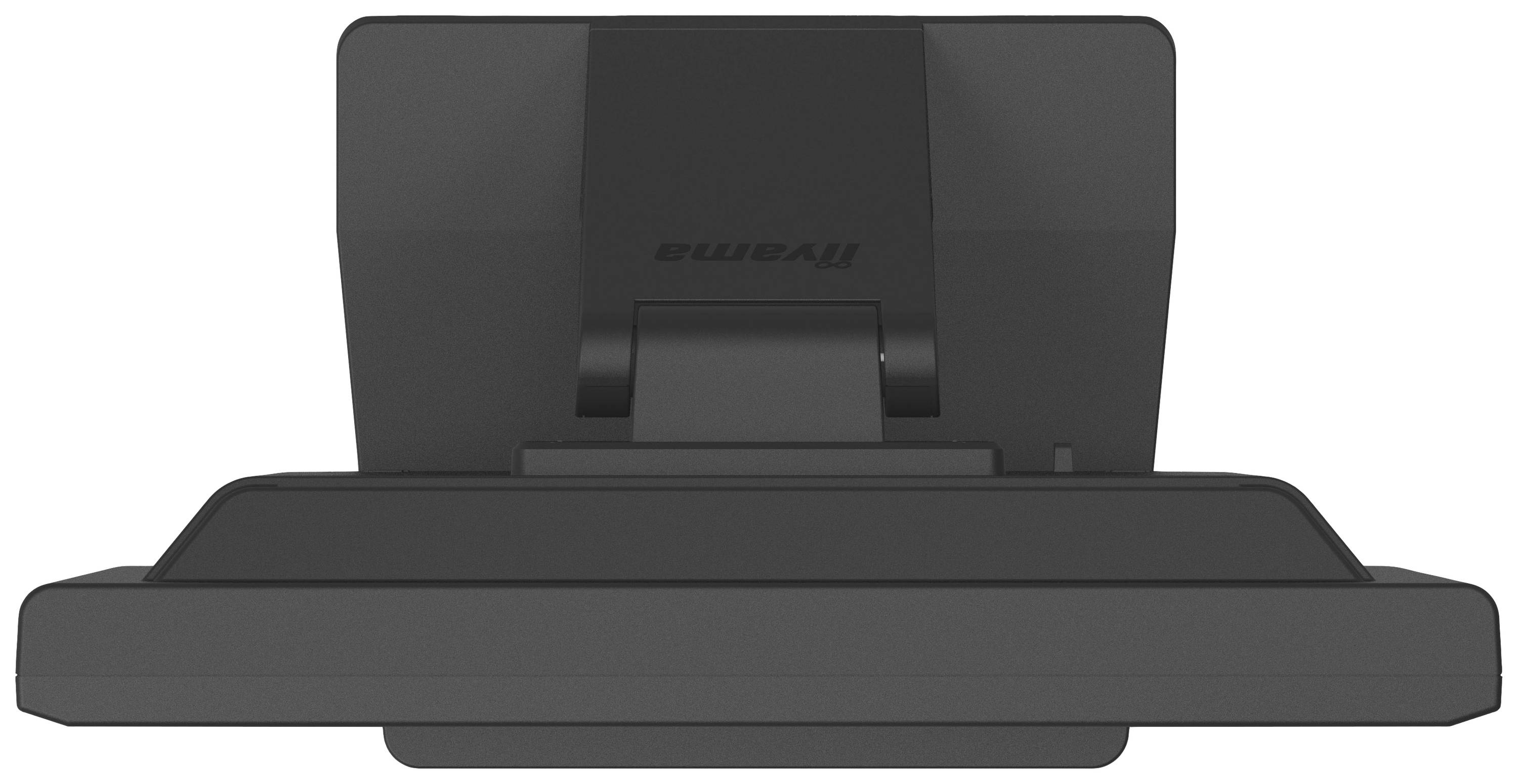 Czarny monitor komputerowy widziany od tyłu, wyposażony w solidną podstawę. Nazwa marki umieszczona jest centralnie u góry.