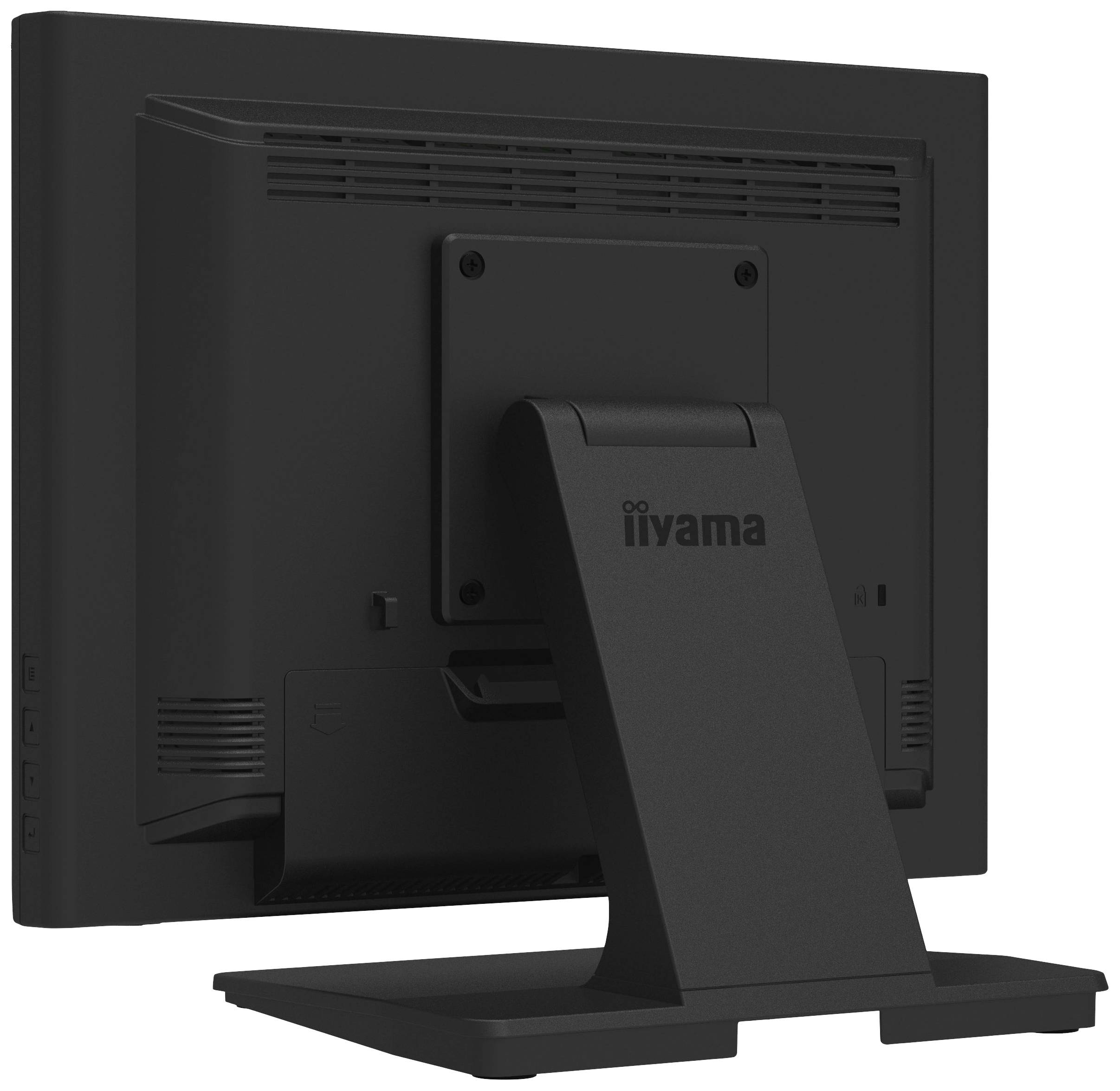 Czarny monitor komputerowy widziany od tyłu z logo marki 'iiyama' na podstawie.