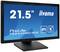 Monitor z napisem '21.5" iiyama ProLite T2234MSC-B1S', symbol IPS i funkcją dotykową 'PCAP 10 punktów' na niebieskim tle.