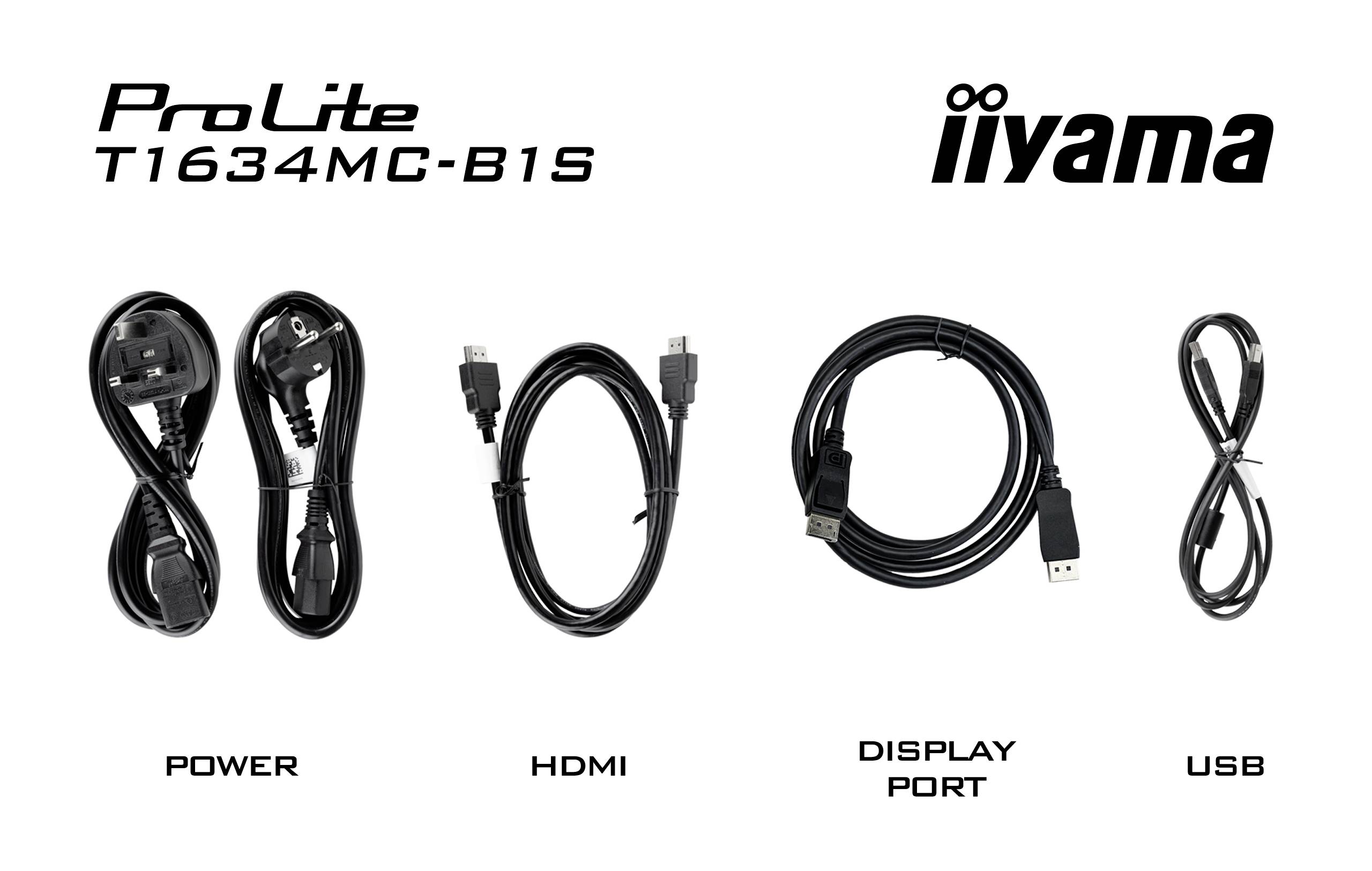 'ProLite T1634MC-B1S' Kabel i przewody: zasilanie, HDMI, DisplayPort, USB. Logo marki w prawym górnym rogu. Główne komponenty opakowania.