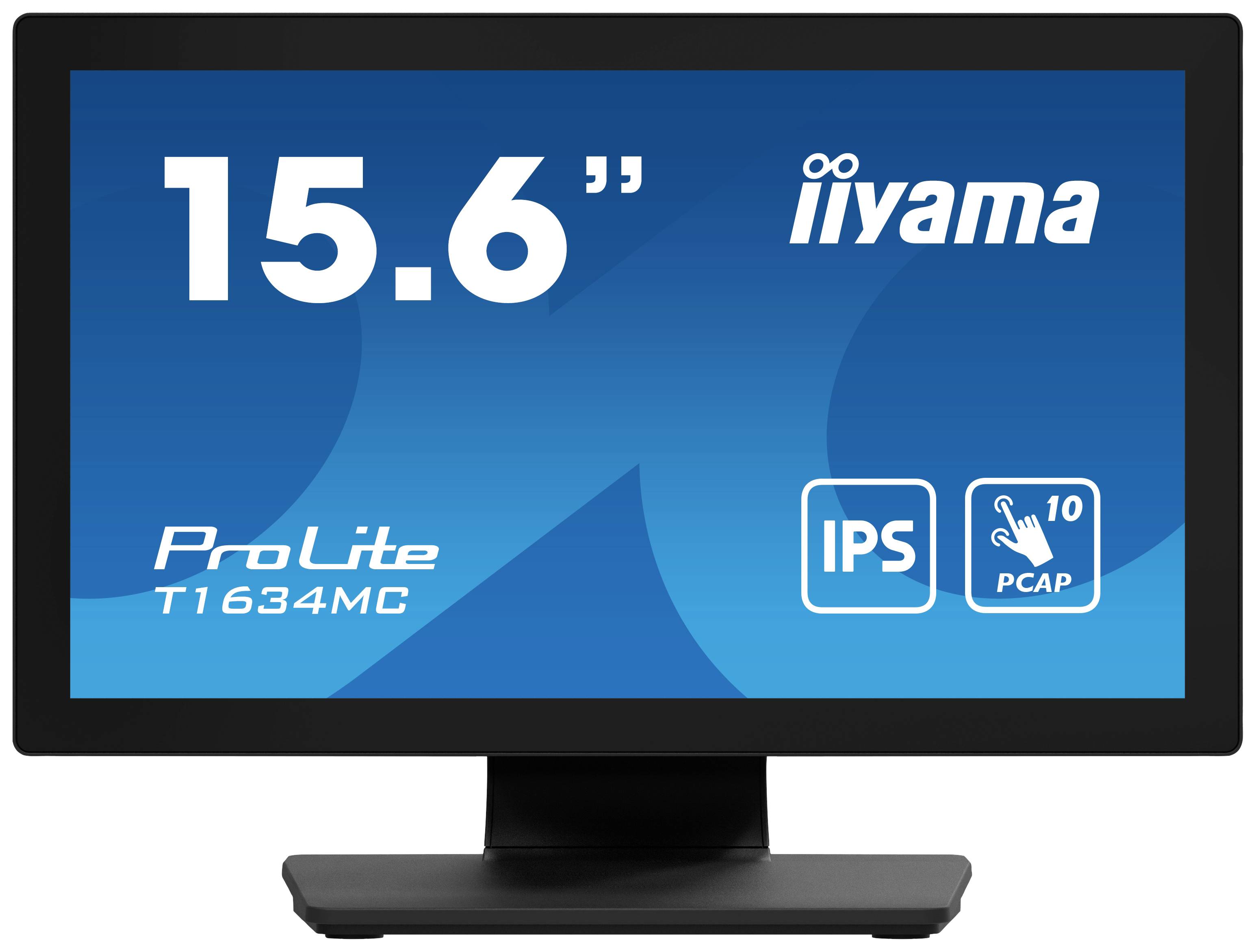 Monitor o przekątnej 15,6", firmy iiyama, model ProLite T1634MC, z matrycą IPS i technologią PCAP. Czarna ramka, niebieski ekran w tle.