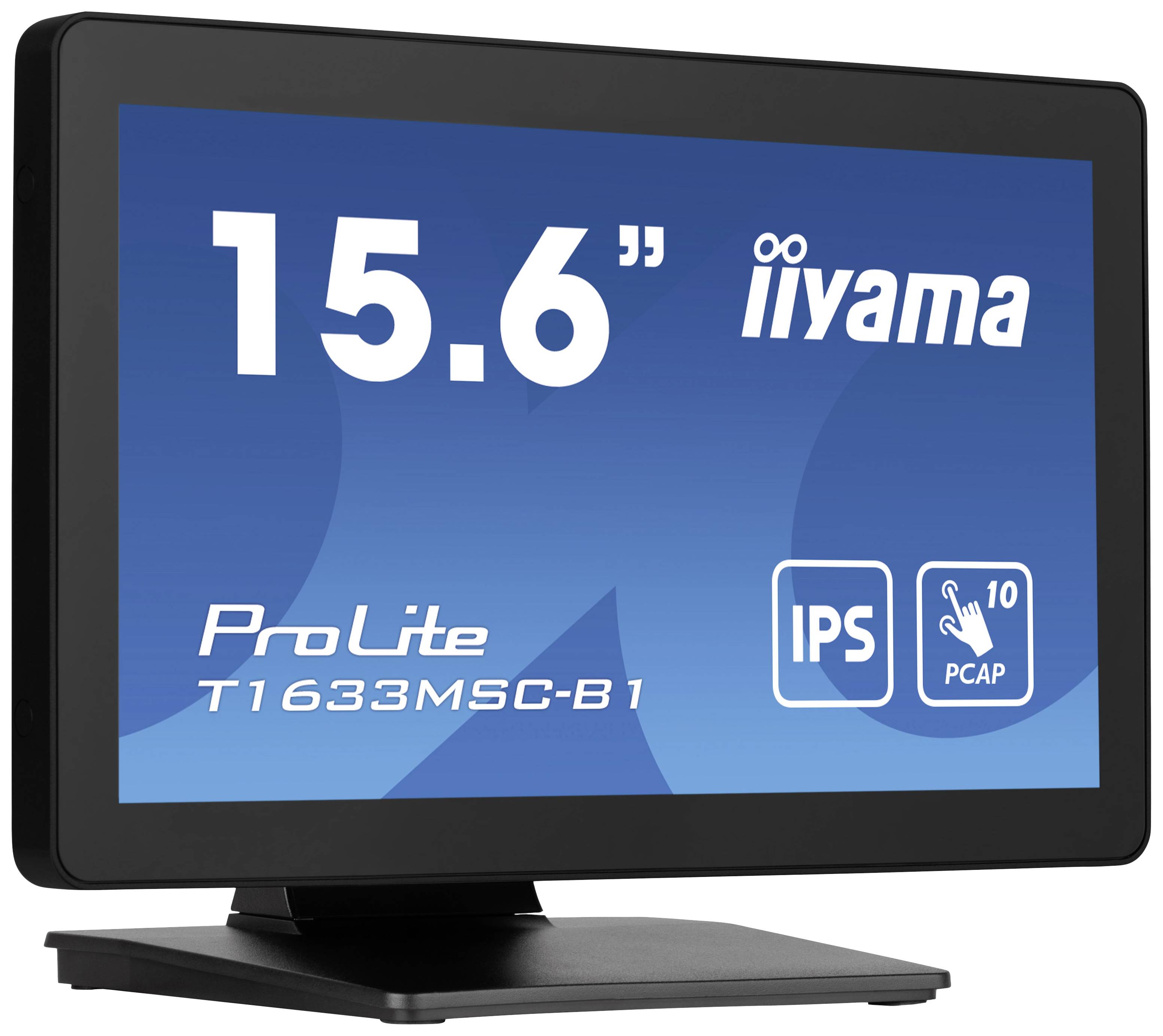 Monitor 15,6-calowy firmy Iiyama, model ProLite T1633MSC-B1, z technologią IPS i funkcją ekranu dotykowego 10-punktowego.