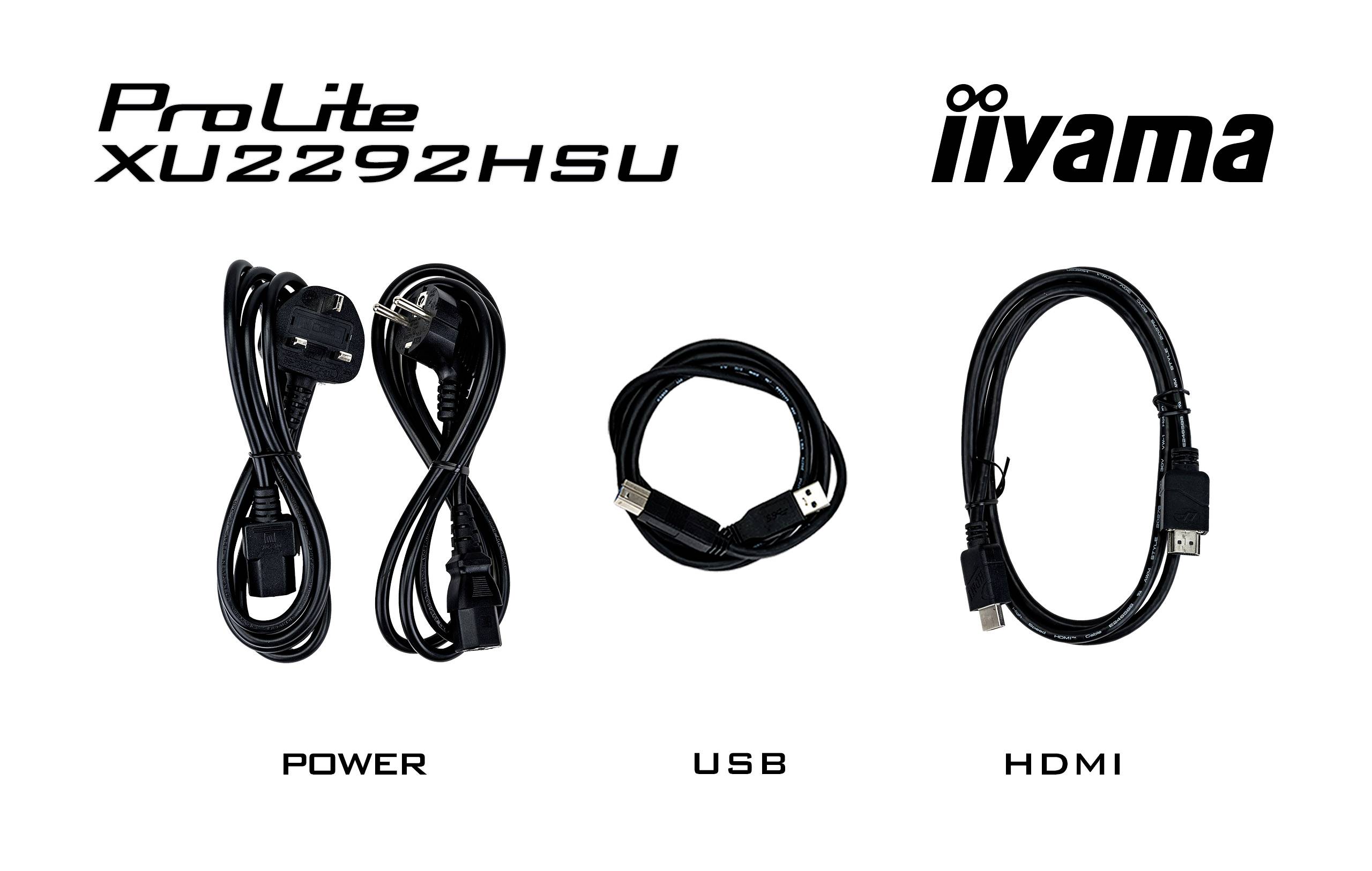 'Trzy kable do monitora iiyama ProLite XU2292HSU: kabel zasilający z lewej strony, kabel USB pośrodku, kabel HDMI z prawej strony.'