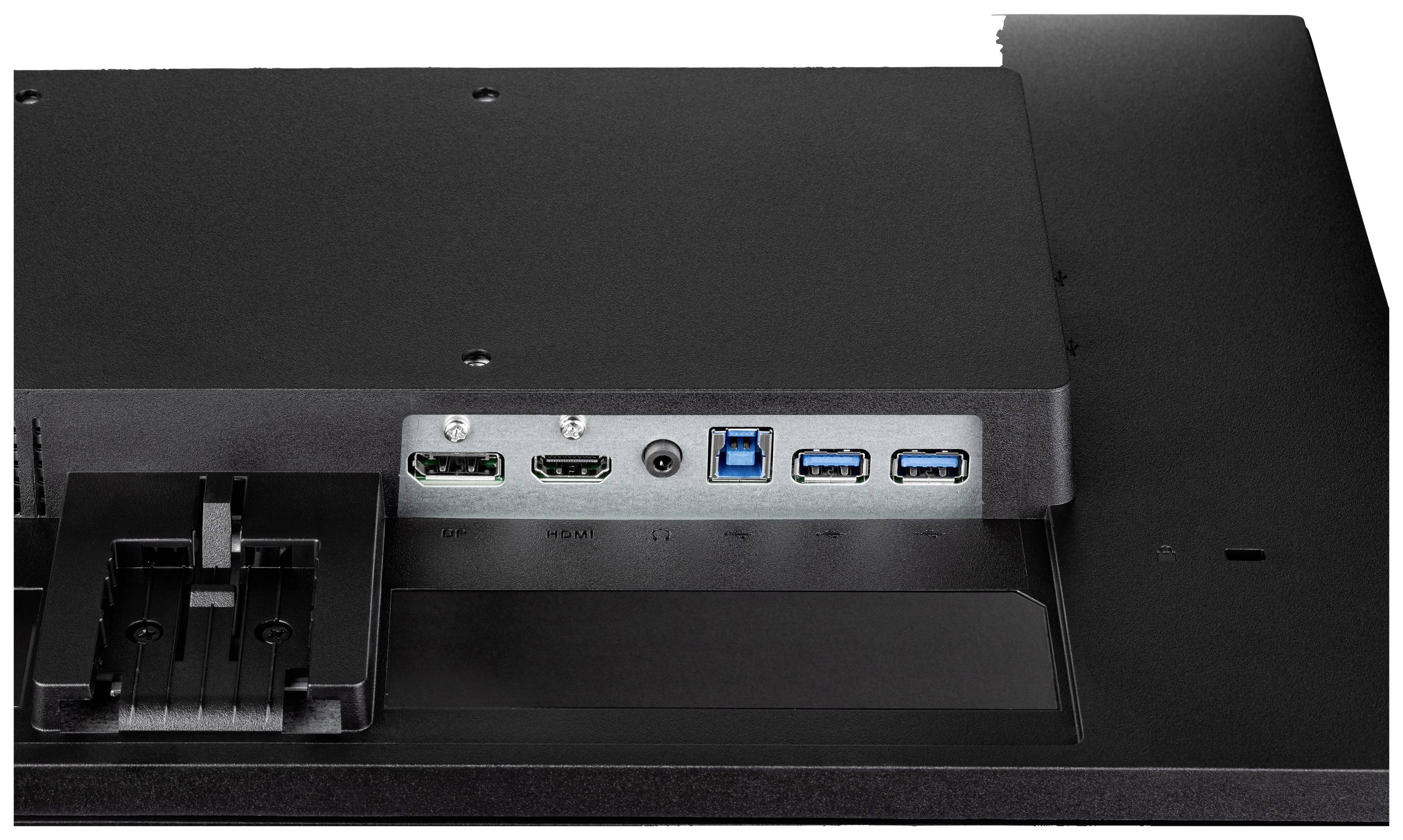 Tylna strona monitora z wieloma złączami: DisplayPort, HDMI, USB oraz gniazdo audio. Widoczne złącze zasilania.