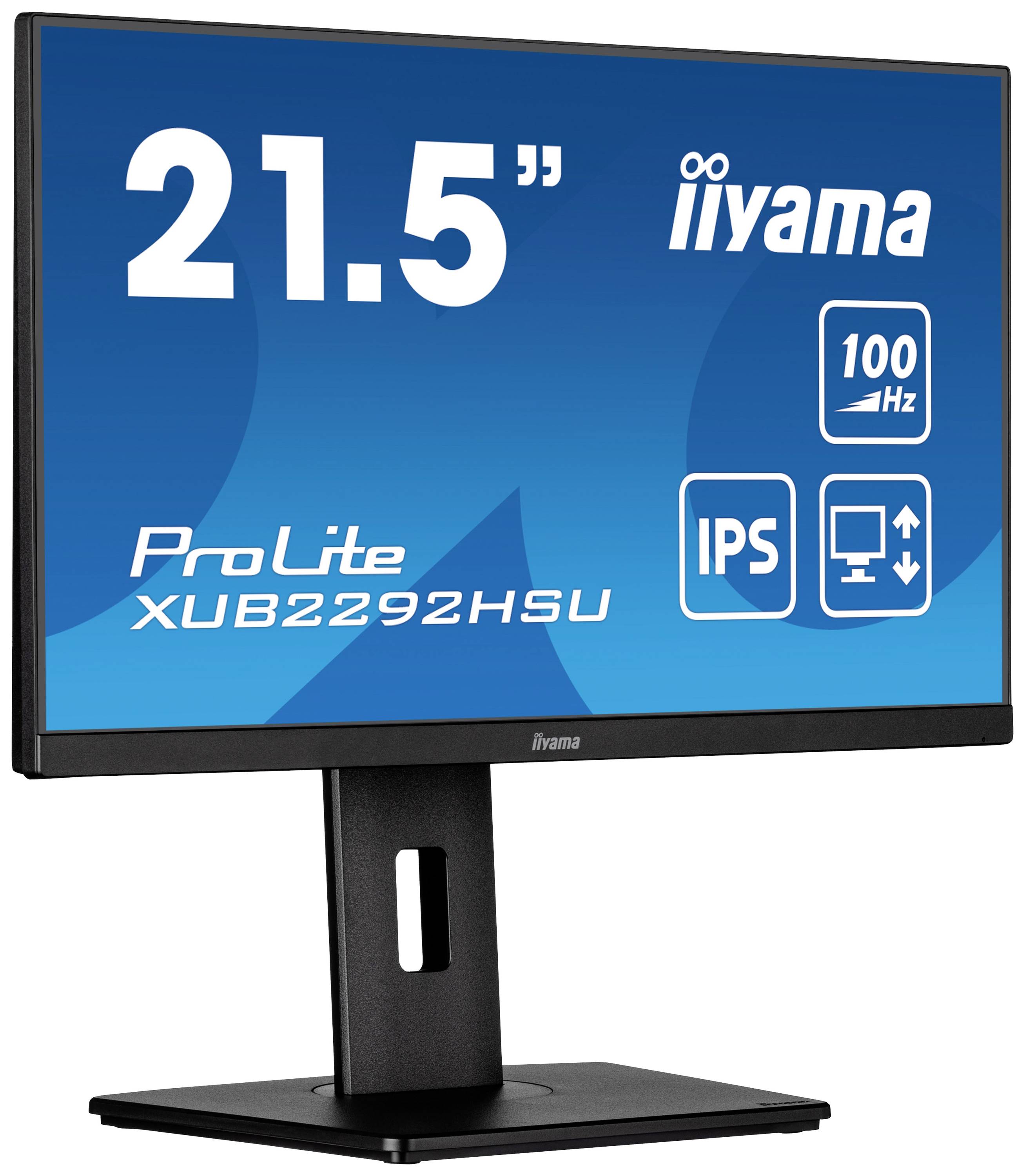 21,5-calowy monitor firmy iiyama z częstotliwością odświeżania 100 Hz, panelem IPS i oznaczeniem modelu ProLite XUB2292HSU, umieszczony na regulowanej podstawie.