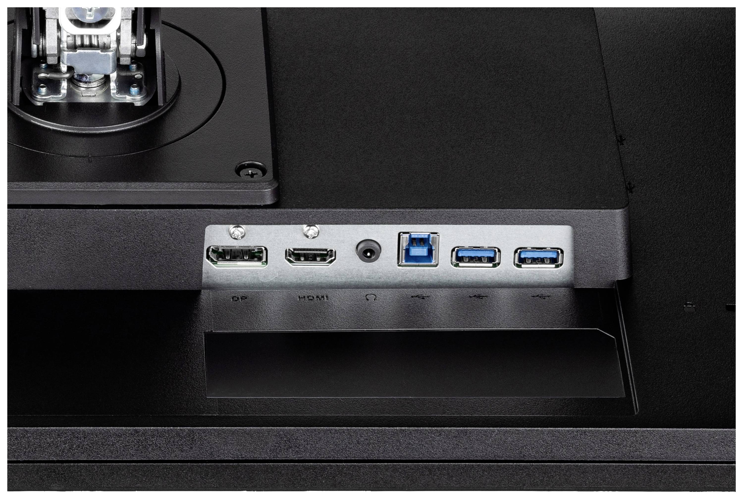 Tylna strona monitora z gniazdami: DisplayPort, HDMI, USB-B oraz dwoma portami USB-A.