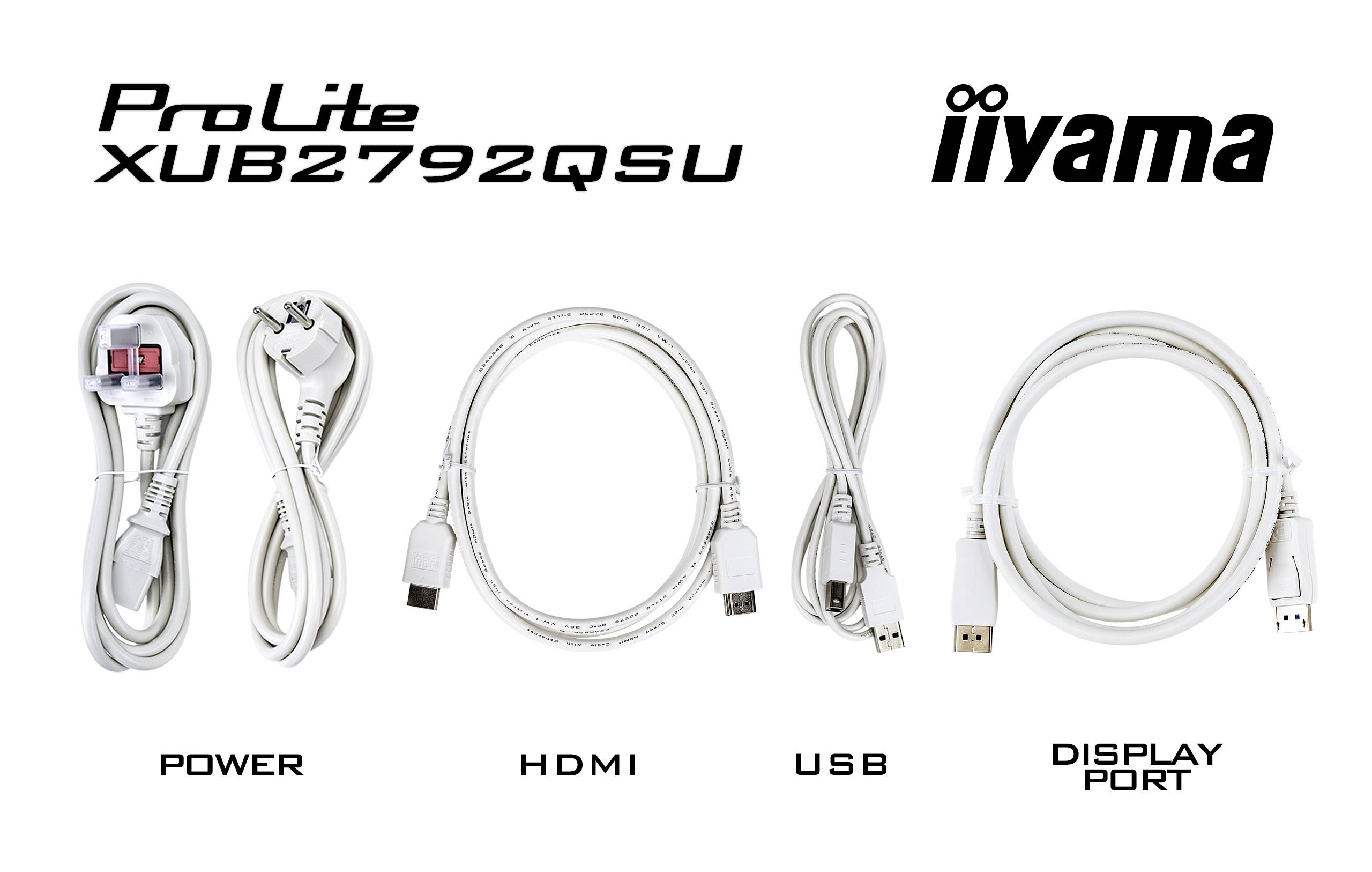 Monitor iiyama ProLite XUB2792QSU: Widoczne są kable do zasilania, HDMI, USB i DisplayPort.