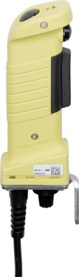 Żółte, trzymane w ręku urządzenie elektryczne z przewodem, prawdopodobnie do zastosowań przemysłowych. Posiada przełącznik lub przycisk na górnej części.