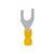 Żółty płaski wtyk z końcówką widełkową. Wtyk jest izolowany i służy do bezpiecznego połączenia elektrycznego.