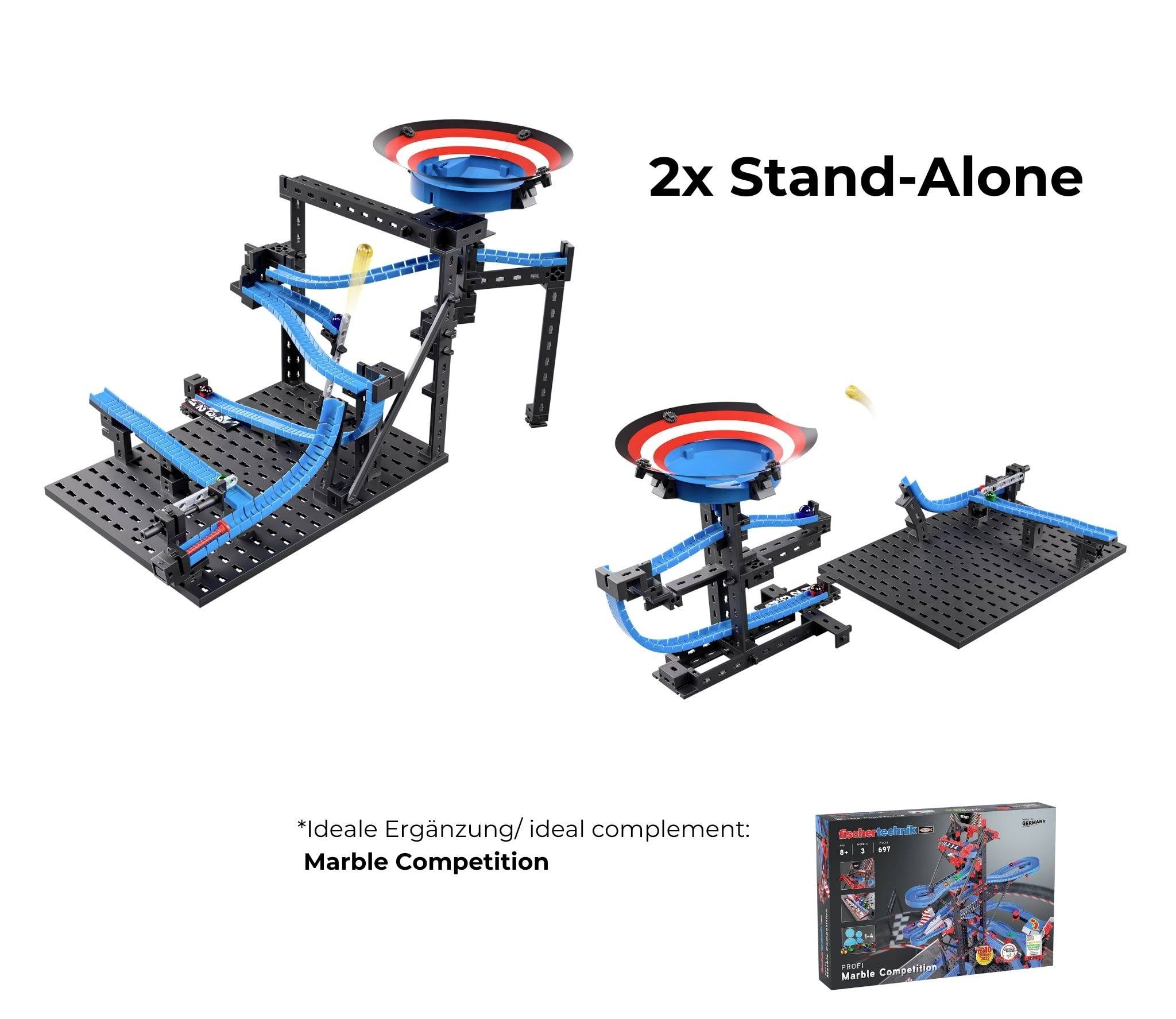 Dwie niezależne tory kulkowe wykonane z niebieskich i czarnych elementów, z czerwono-niebieskimi lejkami. Odpowiednie do konkursu kulek.