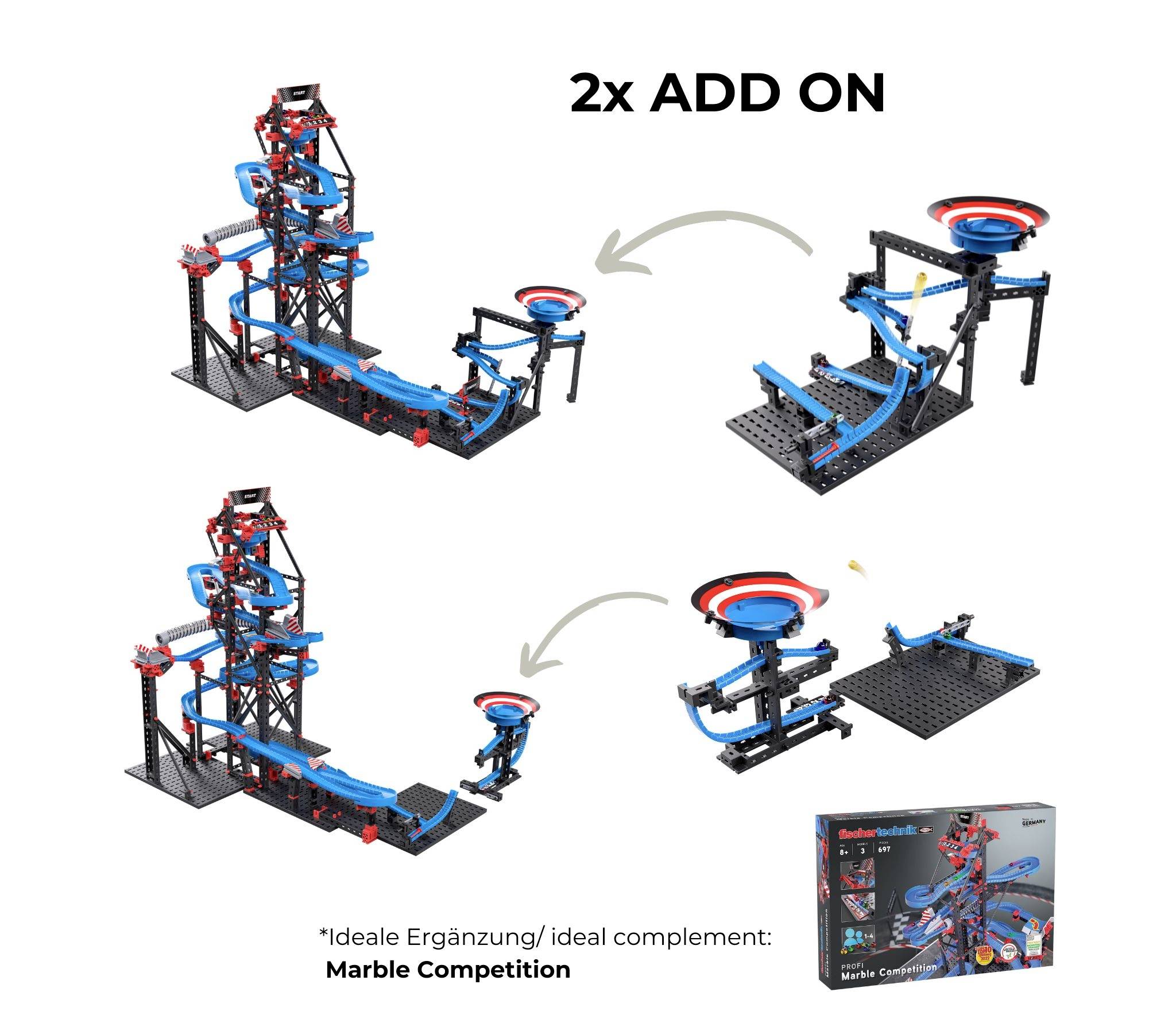 Zestaw konstrukcyjny do rozbudowy toru dla kulek. Prezentuje dodatki i gotowe modele. Na opakowaniu 'Marble Competition' zilustrowane.