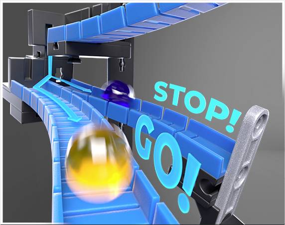 Niebieska zjeżdżalnia dla kulek z dwoma kulkami. Słowa 'STOP!' i 'GO!' są wyróżnione, co wskazuje na interaktywny ruch.