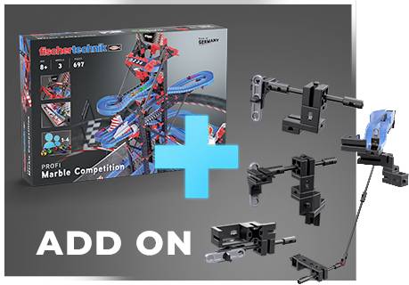 Zestaw zabawkowy 'fischertechnik Marble Competition' plus zestaw rozszerzający. Odpowiedni dla dzieci od 10 lat. Zawiera elementy toru kulkowego i części mechaniczne.