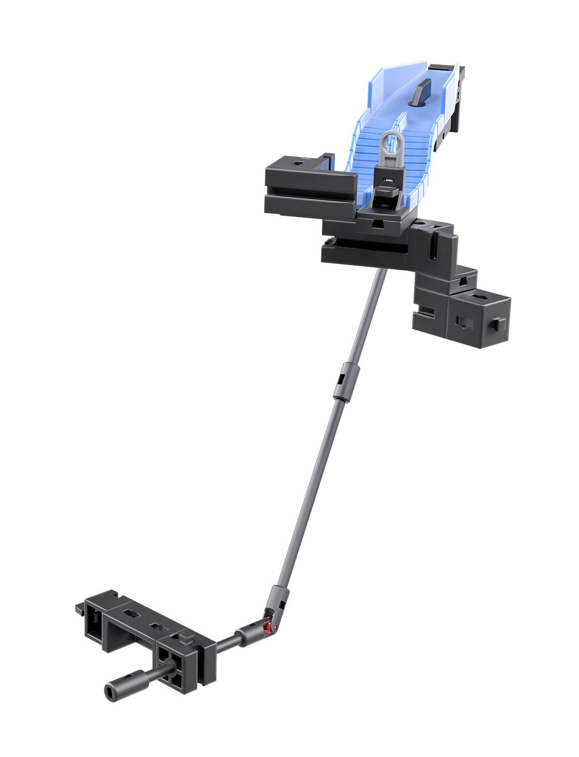 Model zbudowany z plastikowych elementów z niebieskim wierzchołkiem i czarnymi częściami, zamontowany na stojaku.